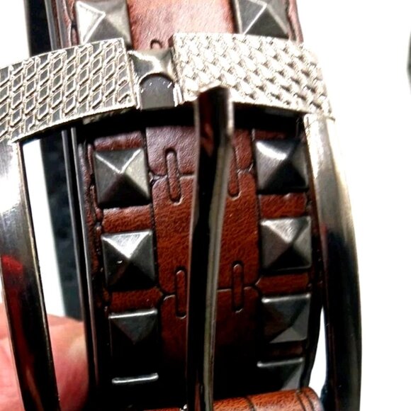 Double Row Studded Leather Belt Brown New - Picture 2 of 10